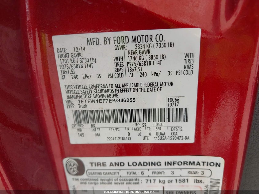 2014 Ford F-150 VIN 1FTFW1EF7EKG46255 IAAI salvage auction — LEFT SIDE, Salvage Title, sold $4,000 on 2026-09-05 (photo 9)