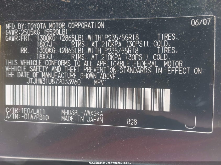 2007 Lexus Rx VIN JTJHW31U872033960 IAAI salvage auction — NORMAL WEAR, Clear (Massachusetts), sold $675 on 2026-07-31 (photo 9)