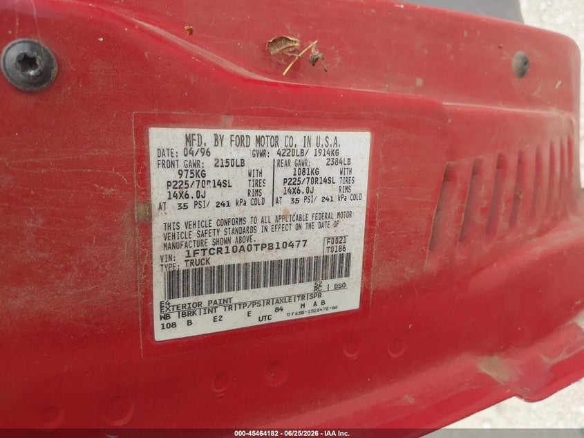 1996 Ford Ranger VIN 1FTCR10A0TPB10477 IAAI salvage auction — NORMAL WEAR, Original (Texas), sold $750 on 2026-07-09 (photo 9)