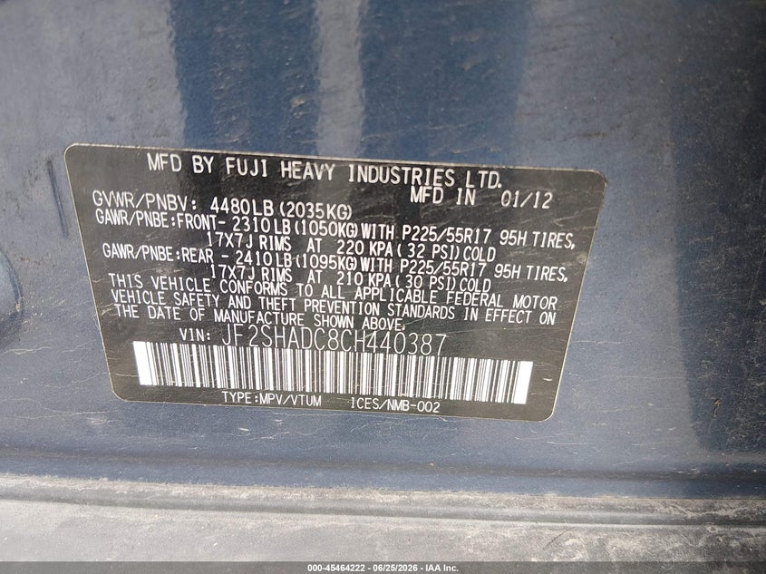 2012 Subaru Forester VIN JF2SHADC8CH440387 IAAI salvage auction — RIGHT FRONT, Salvage Title, sold $425 on 2026-08-27 (photo 9)
