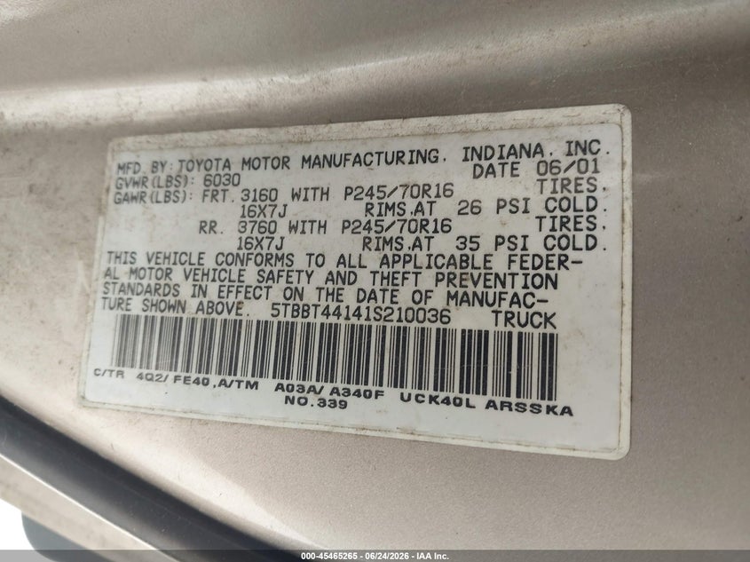 2001 Toyota Tundra VIN 5TBBT44141S210036 IAAI salvage auction — SUSPENSION, Salvage (North Carolina), sold $2,150 on 2026-07-15 (photo 9)
