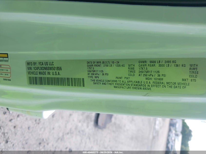 2025 Jeep Wrangler / VIN 1C4PJXDN6SW501856 IAAI salvage auction — FRONT & REAR, Salvage Title, sold $10,600 on 2026-07-31 (photo 9)