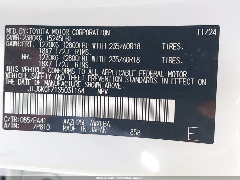 2025 Lexus Nx VIN JTJGKCEZ1S5031164 IAAI salvage auction — FRONT END, Wait Title, sold $12,400 on 2026-08-29 (photo 9)