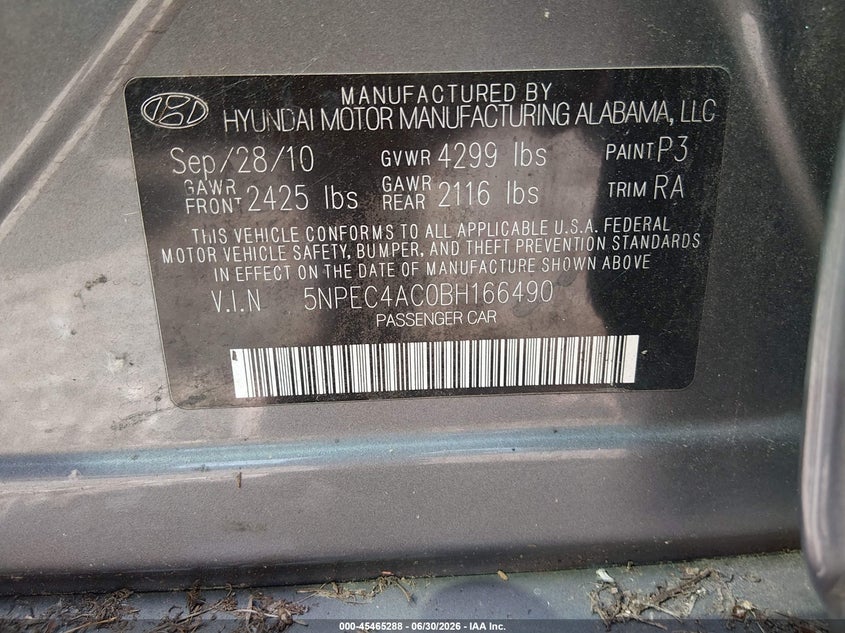 2011 Hyundai Sonata VIN 5NPEC4AC0BH166490 IAAI salvage auction — LEFT FRONT, Salvage (South Carolina), sold $25 on 2026-07-30 (photo 9)