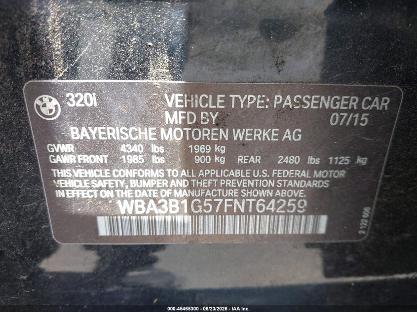 2015 BMW 3er VIN WBA3B1G57FNT64259 IAAI salvage auction — LEFT FRONT, Nrc Lienholder Repossession Paperwork (Georgia), sold $900 on 2026-07-15 (photo 9)