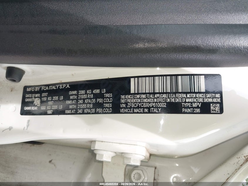 2017 Fiat 500x VIN ZFBCFYCBXHP610002 IAAI salvage auction — ROOF, Salvage Title, sold $1,400 on 2026-07-21 (photo 9)
