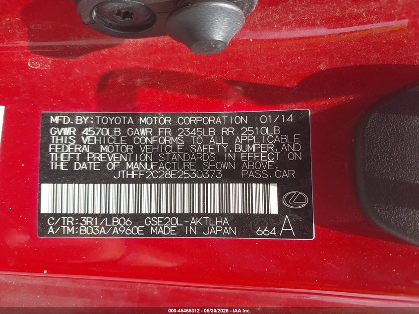 2014 Lexus Is VIN JTHFF2C28E2530373 IAAI salvage auction — REAR END, Rebuildable (Florida), sold $2,700 on 2026-07-30 (photo 9)