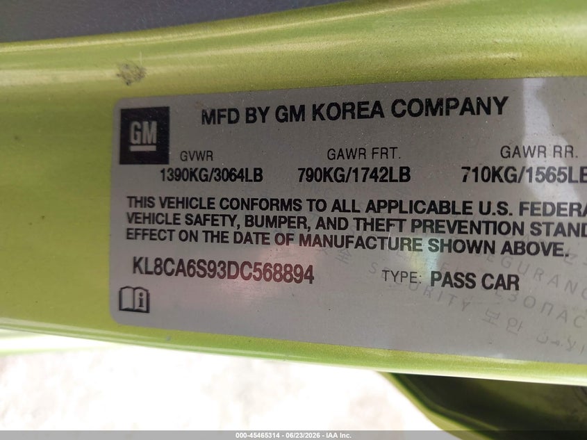 2013 Chevrolet Spark VIN KL8CA6S93DC568894 IAAI salvage auction — REAR END, Salvage Title, sold $475 on 2026-07-29 (photo 9)