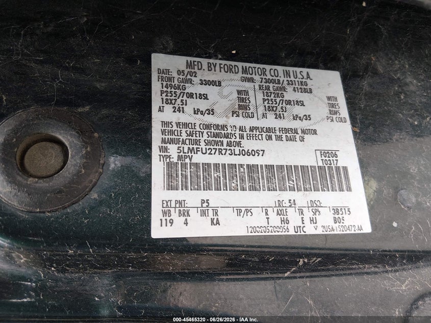 2003 Lincoln Navigator VIN 5LMFU27R73LJ06097 IAAI salvage auction — NORMAL WEAR, Clear (Kansas), sold $550 on 2026-07-10 (photo 9)