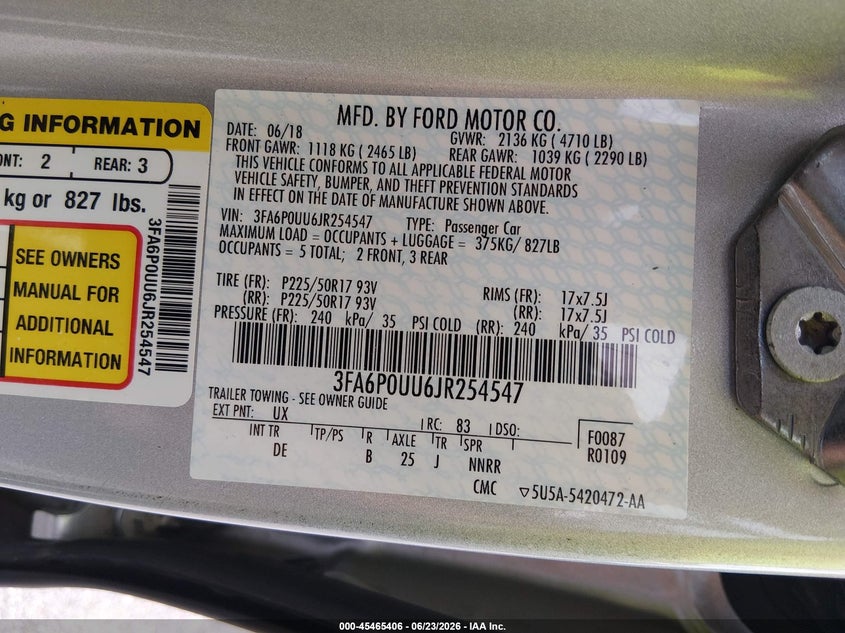 2018 Ford Fusion VIN 3FA6P0UU6JR254547 IAAI salvage auction — NORMAL WEAR, Sf97 (Washington), sold $8,600 on 2026-09-03 (photo 9)