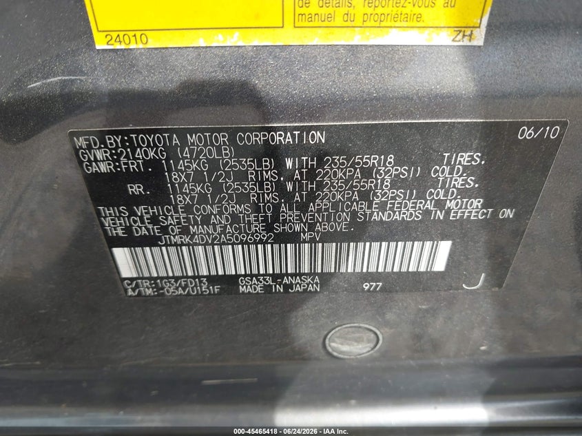 2010 Toyota Rav 4 VIN JTMRK4DV2A5096992 IAAI salvage auction — UNDERCARRIAGE, Clear (Virginia), sold $2,050 on 2026-07-17 (photo 9)