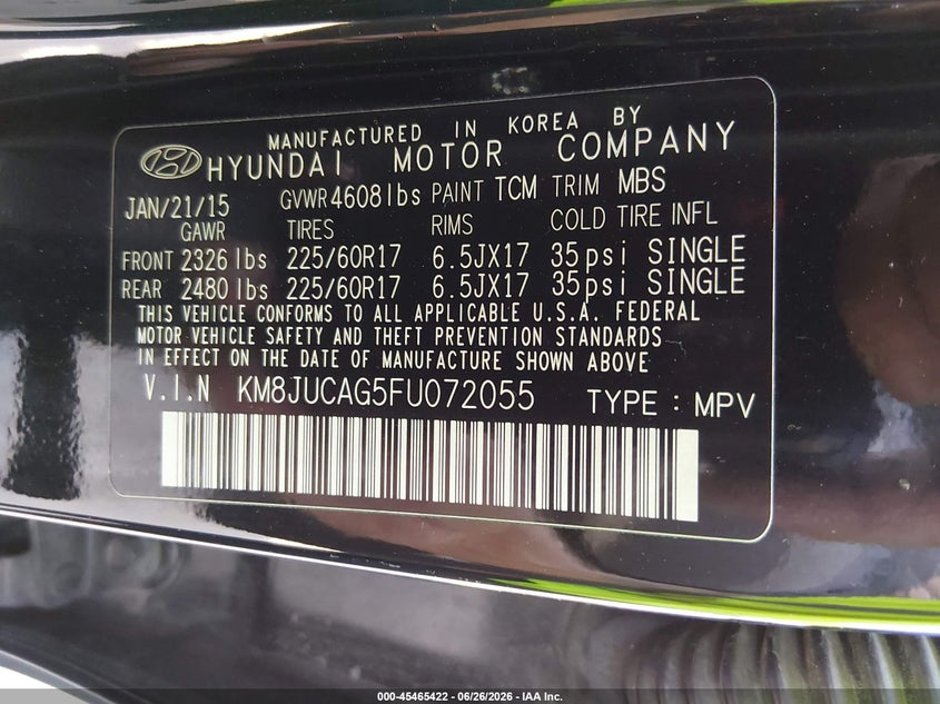 2015 Hyundai Tucson VIN KM8JUCAG5FU072055 IAAI salvage auction — FRONT END, Salvage (Tennessee), sold $1,000 on 2026-07-15 (photo 4)