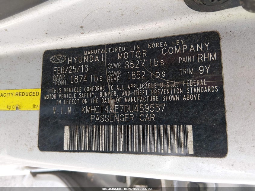 2013 Hyundai Accent VIN KMHCT4AE7DU459557 IAAI salvage auction — NORMAL WEAR, Clear (Tennessee), sold $600 on 2026-07-08 (photo 9)