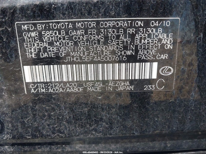 2010 Lexus Ls 460 VIN JTHCL5EF4A5007616 IAAI salvage auction — FRONT END, Clear (Indiana), sold $675 on 2026-07-29 (photo 9)
