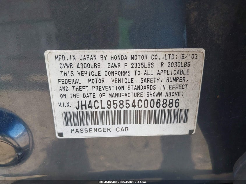 2004 Acura Tsx VIN JH4CL95854C006886 IAAI salvage auction — RIGHT FRONT, Salvage (Pennsylvania), sold $550 on 2026-07-19 (photo 9)