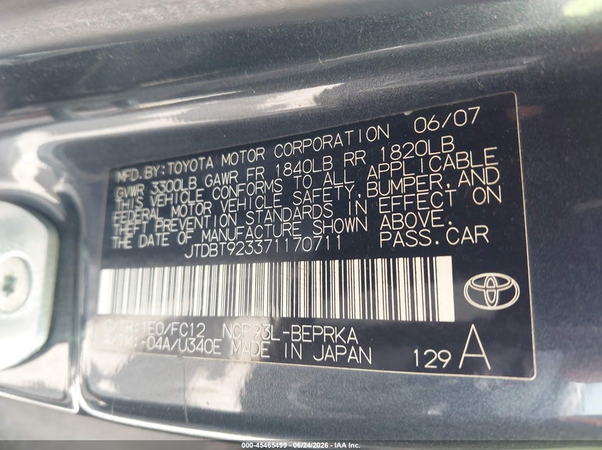 2007 Toyota Yaris VIN JTDBT923371170711 IAAI salvage auction — NORMAL WEAR, Original (Texas), sold $875 on 2026-07-21 (photo 9)