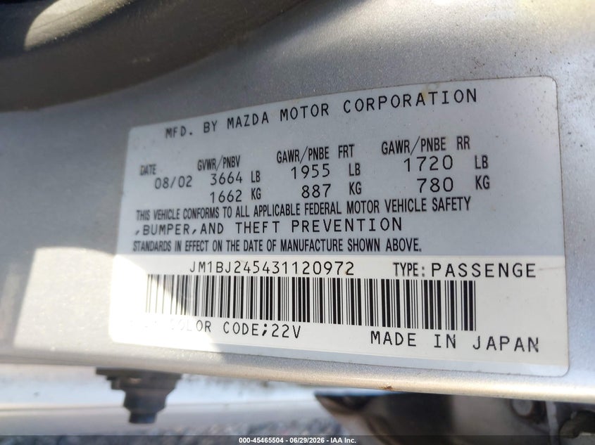 2003 Mazda Protege VIN JM1BJ245431120972 IAAI salvage auction — NORMAL WEAR, Clear (Georgia), sold $500 on 2026-07-14 (photo 9)