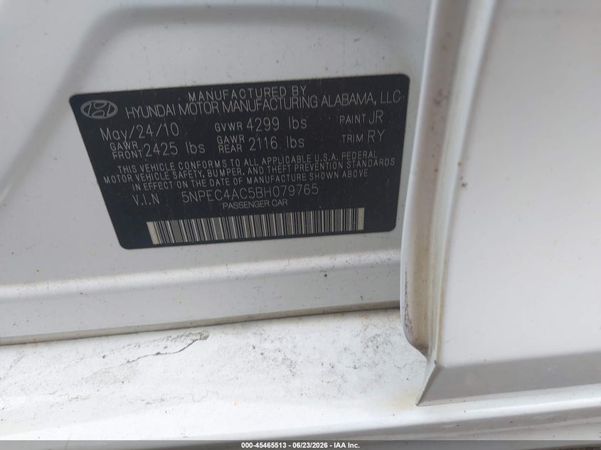2011 Hyundai Sonata VIN 5NPEC4AC5BH079765 IAAI salvage auction — ALL OVER, Bill Of Sale (New York), sold $425 on 2026-07-07 (photo 9)