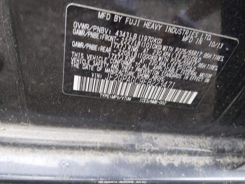 2014 Subaru Xv VIN JF2GPAGC9E8223471 IAAI salvage auction — UNKNOWN, Salvage Title, sold $75 on 2026-07-21 (photo 9)