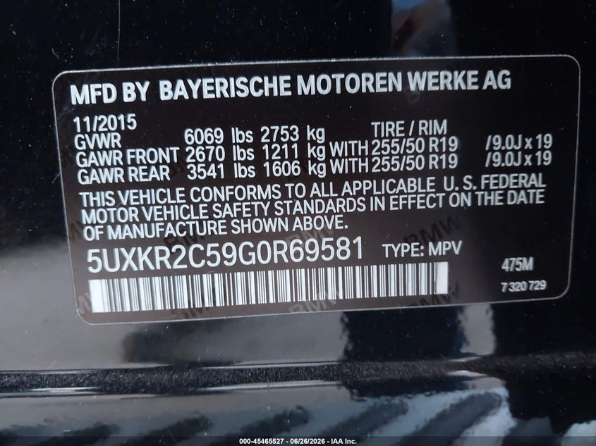 2016 BMW X5 VIN 5UXKR2C59G0R69581 IAAI salvage auction — REAR END, Salvage (Texas), sold $4,250 on 2026-07-28 (photo 9)
