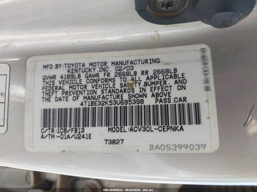 2003 Toyota Camry VIN 4T1BE32K53U695398 IAAI salvage auction — FRONT END, App For Dup Clear (California), sold $300 on 2026-07-09 (photo 9)