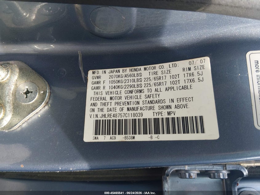 2007 Honda Cr-v VIN JHLRE48757C118039 IAAI salvage auction — NORMAL WEAR, Clear (South Carolina), sold $1,000 on 2026-07-07 (photo 9)