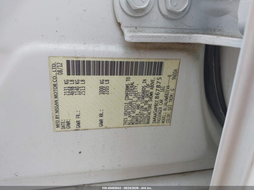 2012 Nissan Maxima VIN 1N4AA5AP8CC867875 IAAI salvage auction — SIDE, Salvage (Mississippi), sold $575 on 2026-07-11 (photo 9)