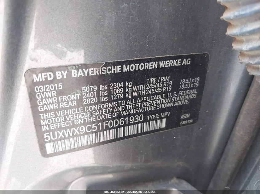 2015 BMW X3 VIN 5UXWX9C51F0D61930 IAAI salvage auction — NORMAL WEAR, Original (Texas), sold $550 on 2026-07-15 (photo 9)