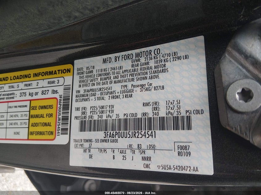 2018 Ford Fusion VIN 3FA6P0UU5JR254541 IAAI salvage auction — NORMAL WEAR, Sf97 (Washington), sold $9,650 on 2026-09-03 (photo 9)