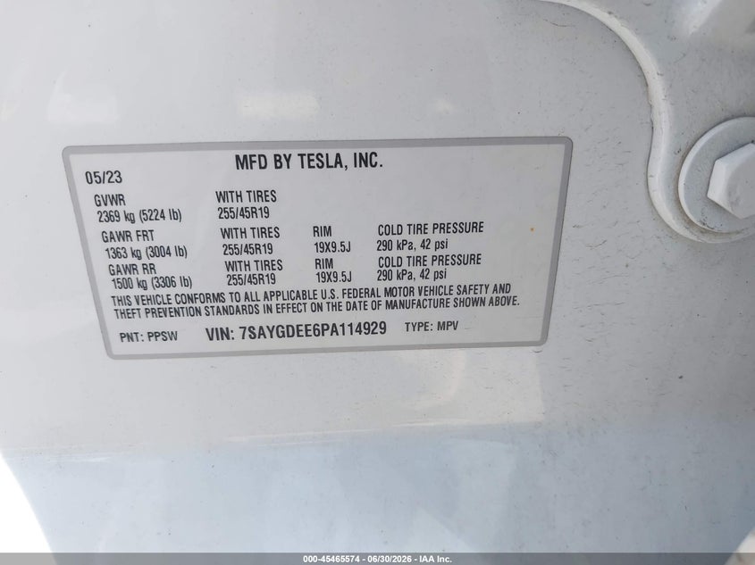 2023 Tesla Model y VIN 7SAYGDEE6PA114929 IAAI salvage auction — FRONT END, Salvage (Pennsylvania), sold $8,600 on 2026-07-09 (photo 9)