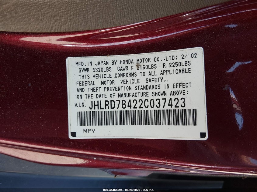 2002 Honda Cr-v VIN JHLRD78422C037423 IAAI salvage auction — REAR END, Bill Of Sale (Washington), sold $400 on 2026-07-22 (photo 9)