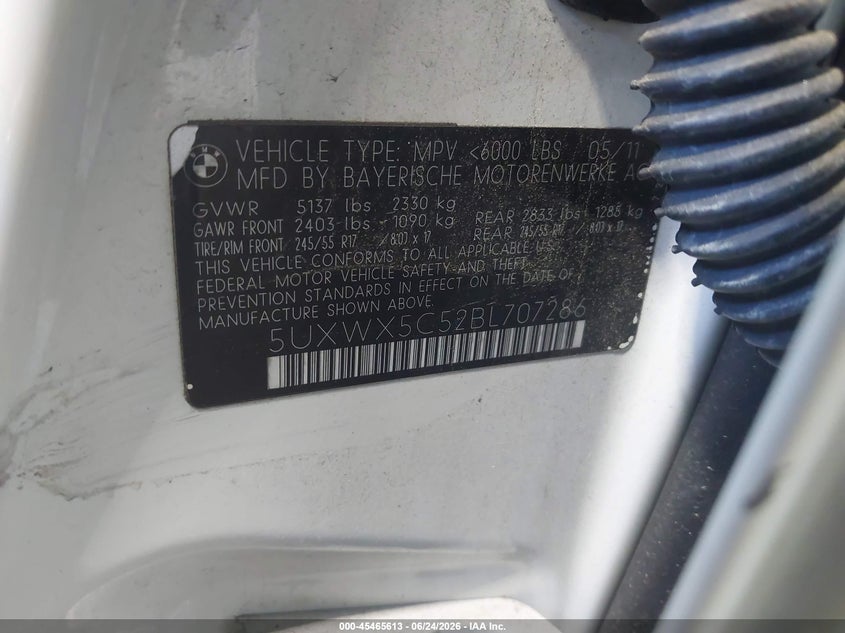 2011 BMW X3 VIN 5UXWX5C52BL707286 IAAI salvage auction — FRONT END, Clear (Virginia), sold $475 on 2026-07-23 (photo 9)