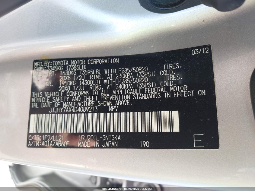2013 Lexus Lx VIN JTJHY7AX4D4089213 IAAI salvage auction — FRONT END, Salvage Title, sold $16,950 on 2026-09-01 (photo 9)