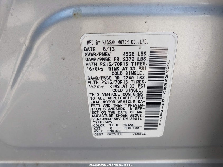 2013 Nissan Rogue VIN JN8AS5MV1DW139014 IAAI salvage auction — FRONT & REAR, Salvage (California), sold $1,025 on 2026-07-08 (photo 9)