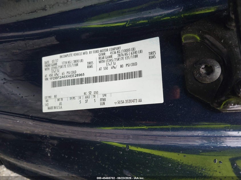 2017 Ford F-250 VIN 1FDBF2A6XHEE28965 IAAI salvage auction — NORMAL WEAR, Sf97 (Maryland), sold $11,600 on 2026-07-21 (photo 9)