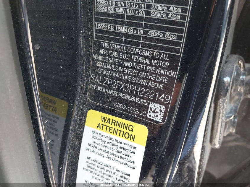 2023 Land rover Range rover evoque VIN SALZP2FX3PH222149 IAAI salvage auction — REAR END, Salvage Title, sold $8,200 on 2026-09-03 (photo 9)