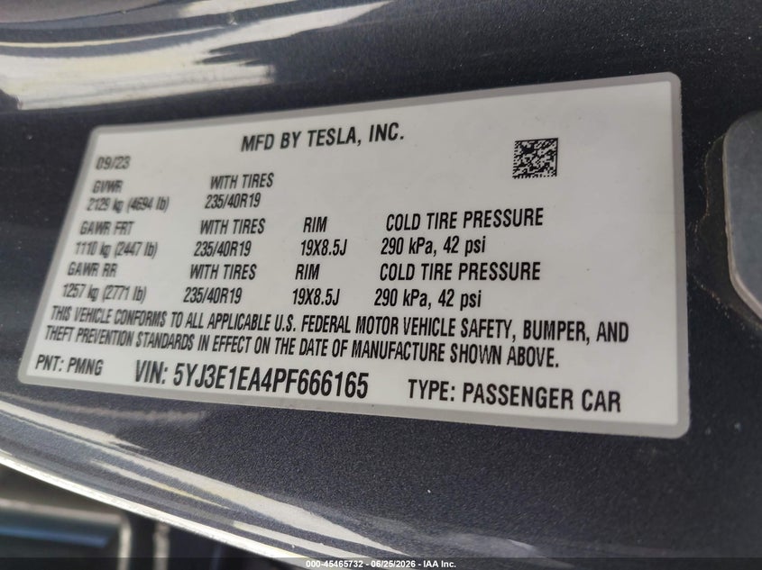 2023 Tesla Model 3 VIN 5YJ3E1EA4PF666165 IAAI salvage auction — REAR END, Rebuildable (Florida), sold $8,600 on 2026-07-16 (photo 9)