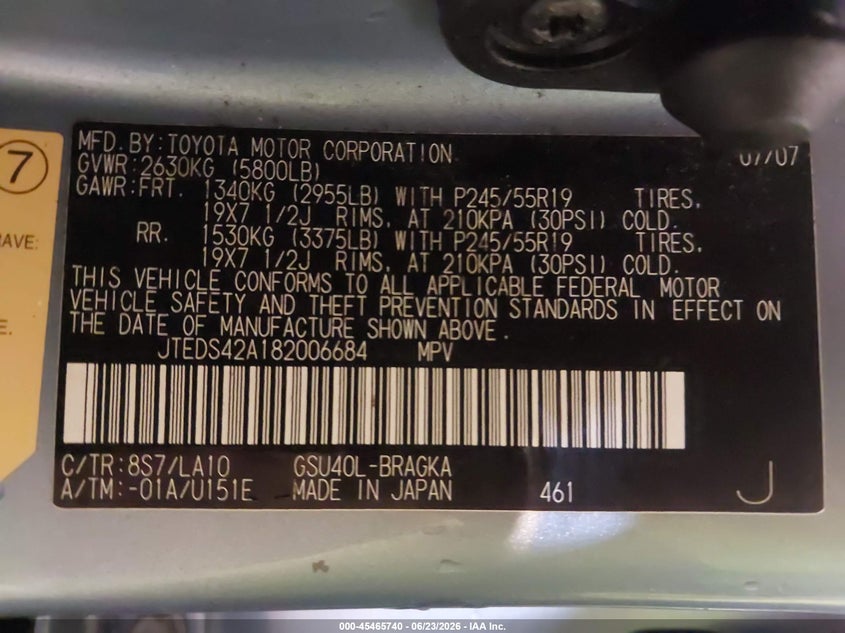 2008 Toyota Highlander VIN JTEDS42A182006684 IAAI salvage auction — NORMAL WEAR, Clear (Maryland), sold $2,750 on 2026-07-14 (photo 9)