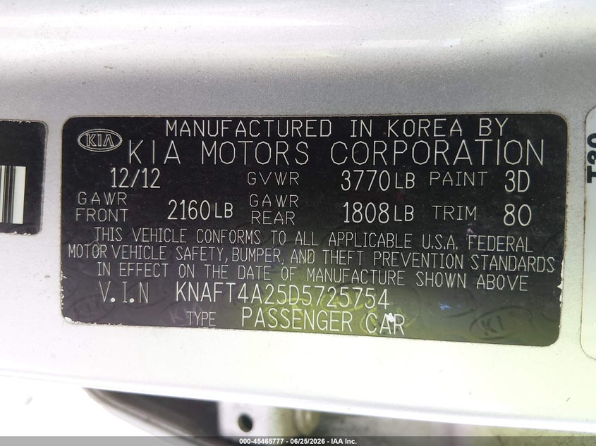 2013 Kia Forte VIN KNAFT4A25D5725754 IAAI salvage auction — NORMAL WEAR, Clear (Georgia), sold $575 on 2026-07-31 (photo 9)
