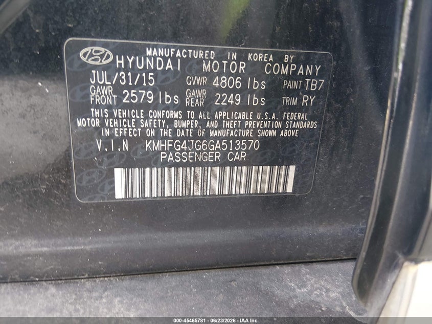 2016 Hyundai Azera VIN KMHFG4JG6GA513570 IAAI salvage auction — FRONT END, Rebuildable (Florida), sold $1,300 on 2026-07-28 (photo 9)