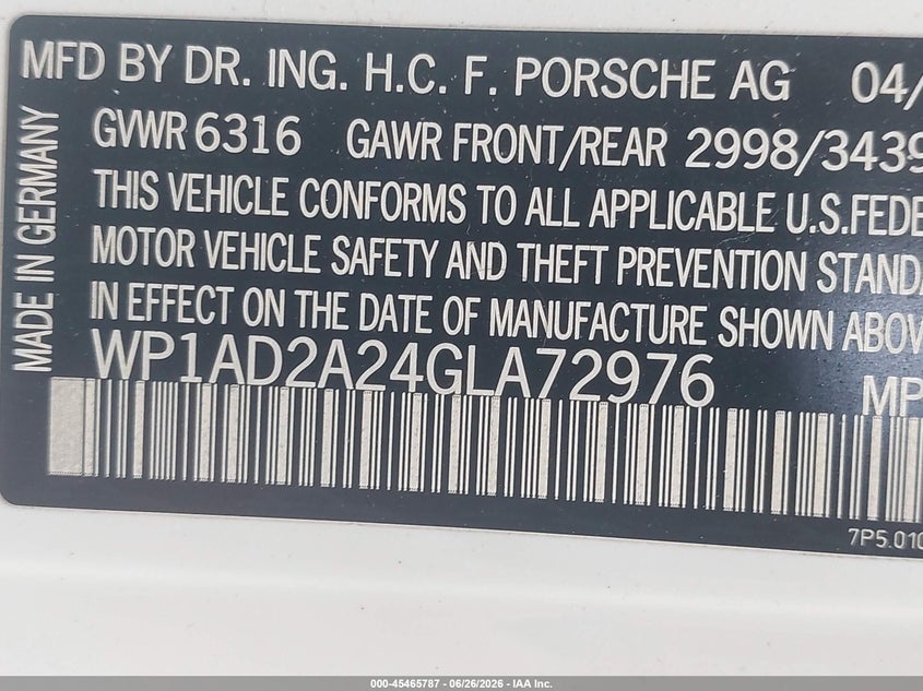 2016 Porsche Cayenne VIN WP1AD2A24GLA72976 IAAI salvage auction — NORMAL WEAR, Clear (Pennsylvania), sold $6,400 on 2026-07-23 (photo 9)