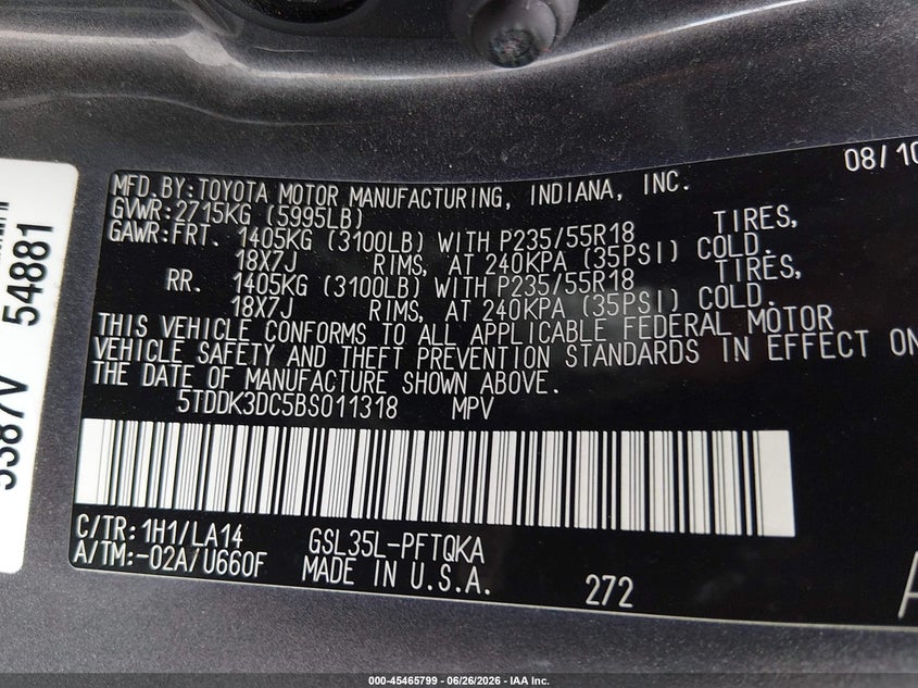 2011 Toyota Sienna VIN 5TDDK3DC5BS011318 IAAI salvage auction — SIDE, Salvage (Ohio), sold $3,350 on 2026-07-09 (photo 9)