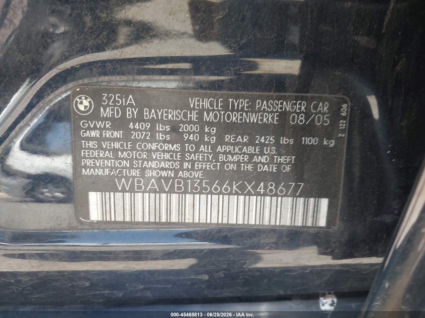 2006 BMW 3 series VIN WBAVB13566KX48677 IAAI salvage auction — SIDE, Salvage (California), sold $950 on 2026-07-14 (photo 9)