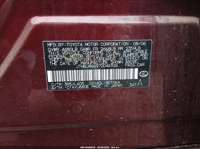 2007 Lexus Es 350 VIN JTHBJ46G972046926 IAAI salvage auction — FRONT END, Clear (Tennessee), sold $225 on 2026-07-30 (photo 9)