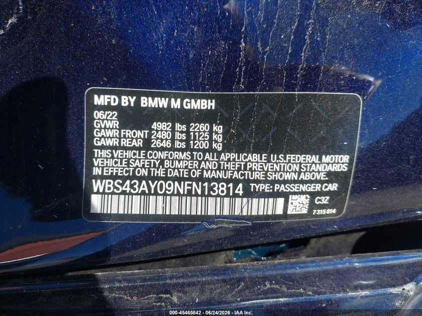 2022 BMW M3 VIN WBS43AY09NFN13814 IAAI salvage auction — SIDE, Salvage Title, sold $39,000 on 2026-08-01 (photo 9)
