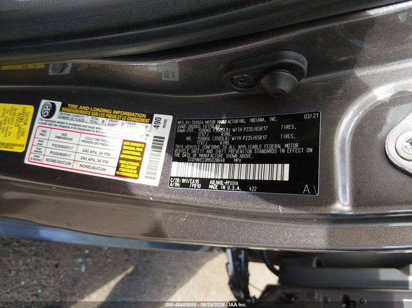 2021 Toyota Sienna VIN 5TDYRKEC0MS028648 IAAI salvage auction — FRONT END, Salvage Title, sold $1,900 on 2026-07-20 (photo 9)