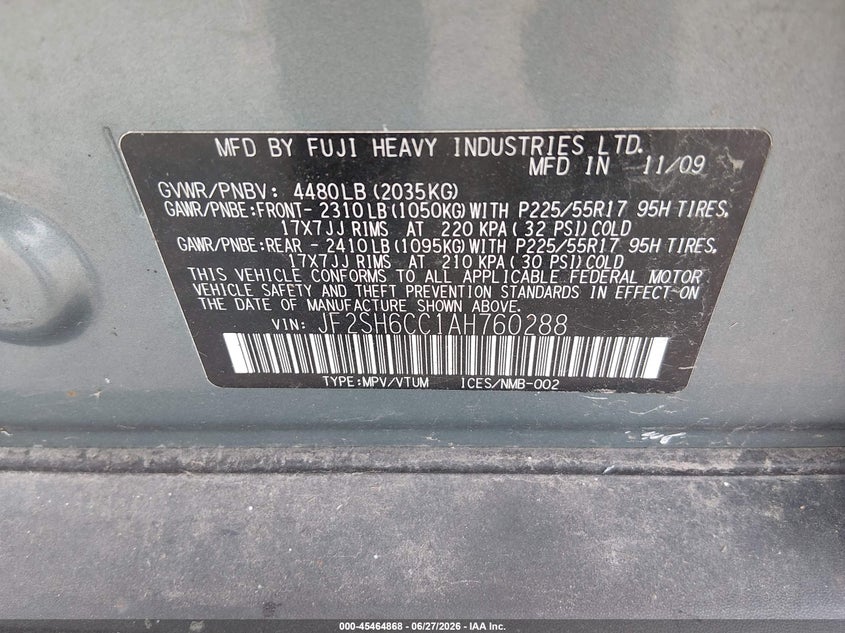 2010 Subaru Forester VIN JF2SH6CC1AH760288 IAAI salvage auction — NORMAL WEAR, Clear (Illinois), sold $375 on 2026-07-29 (photo 9)