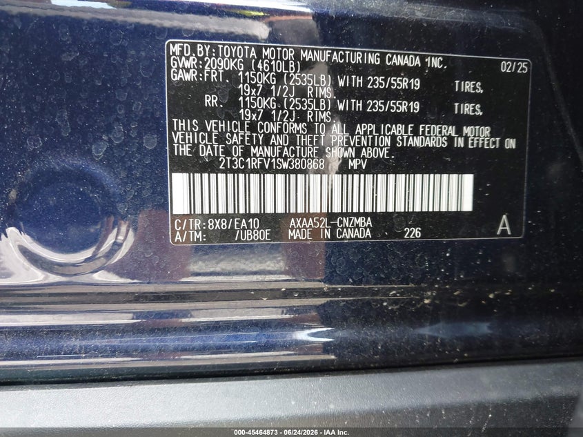 2025 Toyota Rav 4 VIN 2T3C1RFV1SW380868 IAAI salvage auction — FRONT END, Salvage Title, sold $8,300 on 2026-08-01 (photo 9)