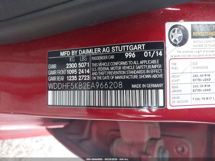 2014 Mercedes-benz E-klasse VIN WDDHF5KB2EA966208 IAAI salvage auction — LEFT SIDE, Salvage (Arkansas), sold $175 on 2026-07-28 (photo 9)