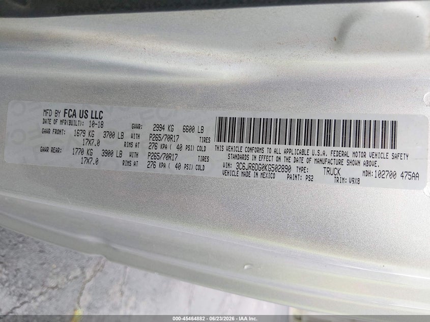 2019 Ram 1500 VIN 3C6JR6DG0KG502890 IAAI salvage auction — NORMAL WEAR, SF97 (Virginia), sold $8,500 on 2026-07-31 (photo 9)